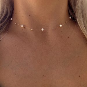 Colier fir transparent din Aur 14k cu 10 bile și perle de cultură