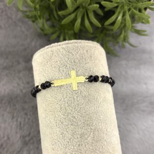 Brățară cu cruciuliță gravată cu rugăciunea Tatăl Nostru și bile din Aur 14k