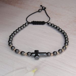 Brățară cu bile Aur 14k -cruciuliță si pietre Hematit