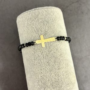 Brățară cu cruce gravată cu rugăciune și 10 bile din Aur 14k