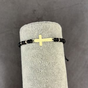 Brățară cu cruce gravată cu rugăciune și 10 bile din Aur 14k