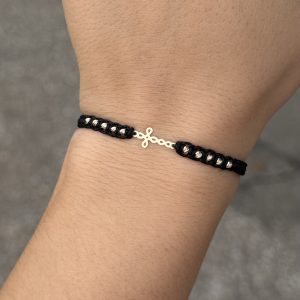 Brățară împletită cu cruciuliță și bile aur 14k