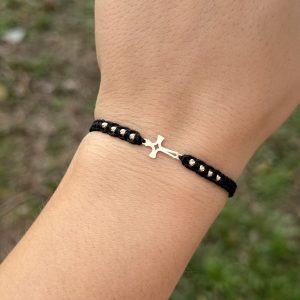 Brățară împletită cu cruciuliță și bile aur 14k