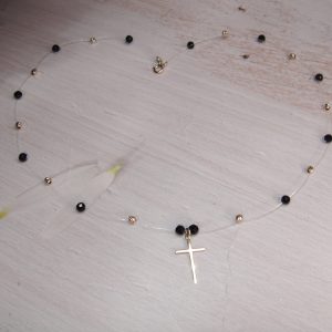 Colier cu bile & cruciuliță Aur 14k și Turmalină neagră