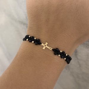 Brățară împletită cu cruciuliță și bile Aur 14k & Turmalină neagră