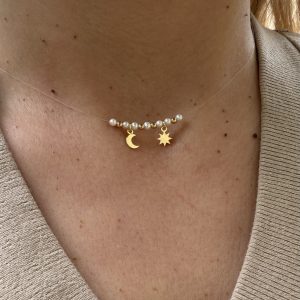 Colier cu soare și lună din Argint 925 placat cu aur de 18k și Perle de cultură