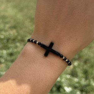 Brățară cu 8 bile Aur 14k și cruciuliță & pietre Onix