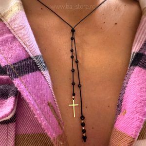 Colier pe snur cu cruciulita si bile Aur 14k