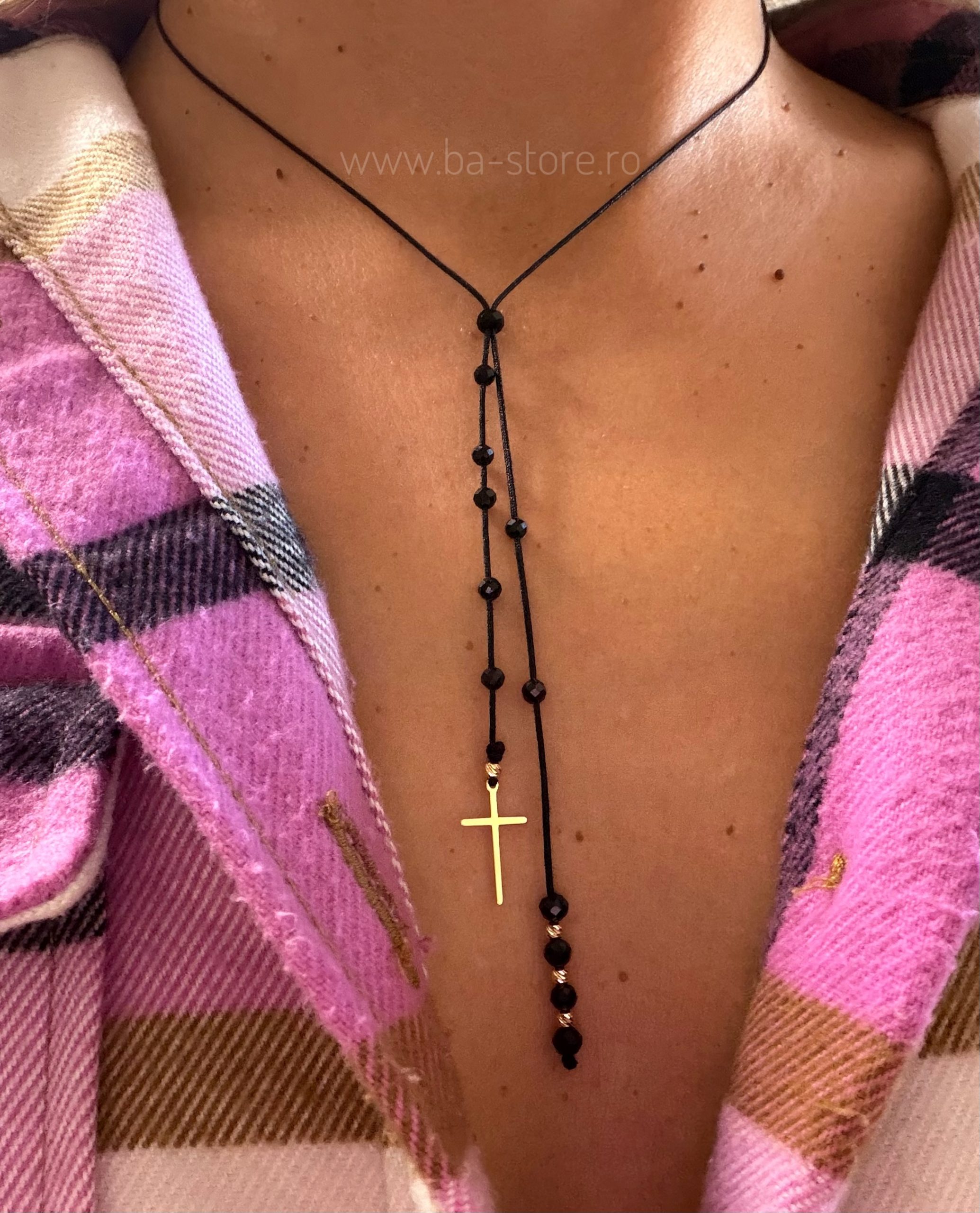 Colier pe snur cu cruciulita si bile Aur 14k